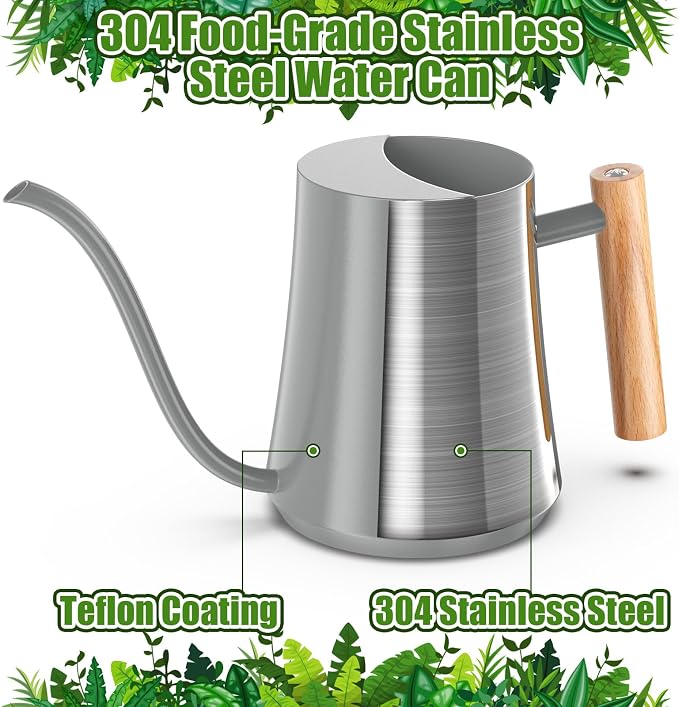 Green Moon 1L/35oz Metal Watering Can Indoor with Long Spout, Gray | Metal Stainless Steel Watering Can with Wood Handle for Indoor Plants, House Bonsai, Succulents, and Outdoor Garden Flowers