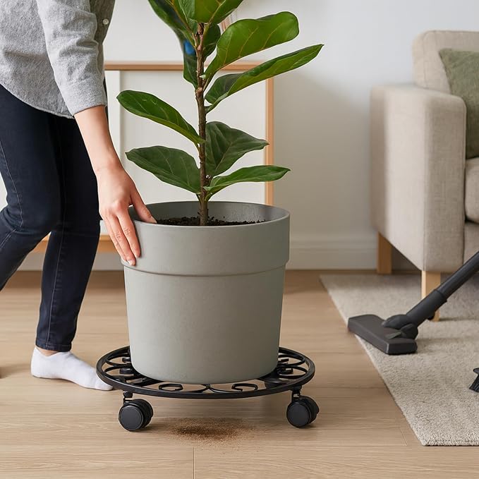 5 Pack Plant Caddy with Wheels Heavy Duty 13.5 Inch Metal Plant Stand on Wheels Plant dolly Rolling Stand Plant Roller with Casters for Indoor and Outdoor with 5 Pack Plastic Saucers, Black