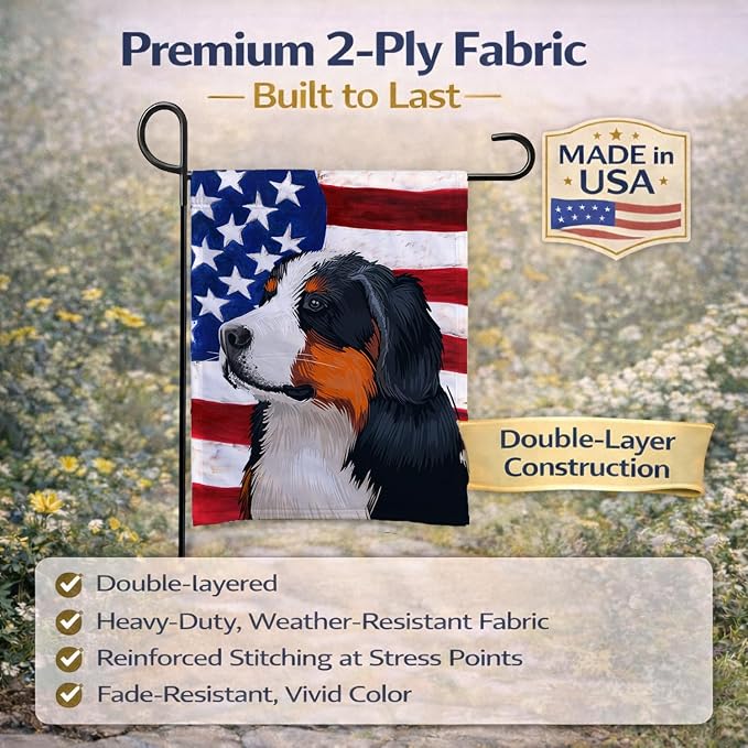 Caroline's Treasures CK6433GF Bernese Mountain Dog American Flag Garden Flag Mailbox Flag Decorative Yard Flag Banner Outside Patio Artwork Yard Flower Beds, Garden Size, Multicolor