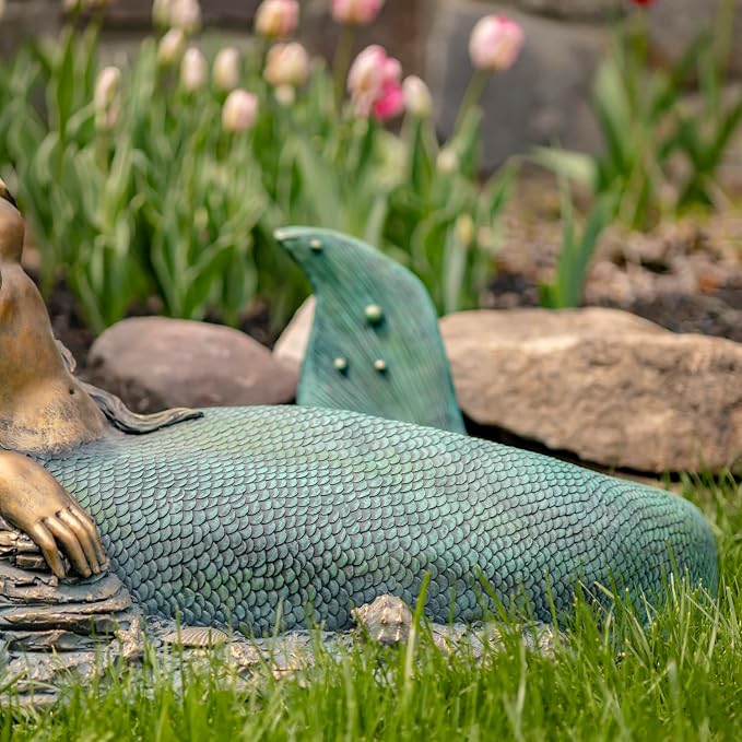 Magnesium-Based Cement Mermaid Statues for Both Indoor and Outdoor Use (Reclining on Rock Mermaid Camree)