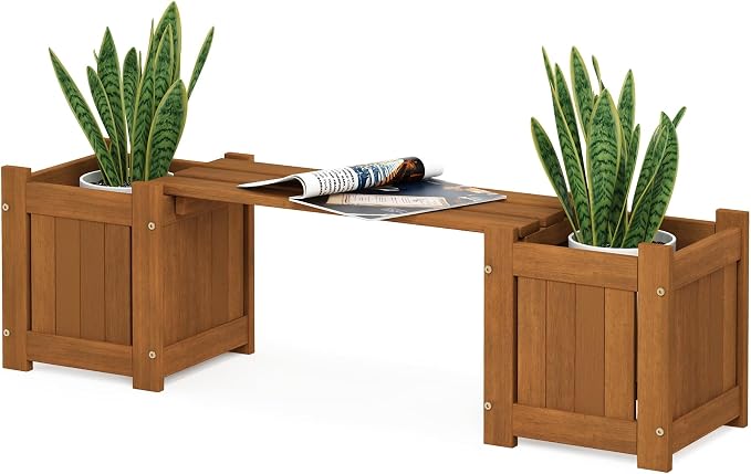 Furinno TIOMAN Mini Planter Box with Bench, Hardwood Flower Box with Seat, Cube Garden Box, in Teak Oil, Outdoor Indoor, Garden, Patio, Balcony, Light Wood