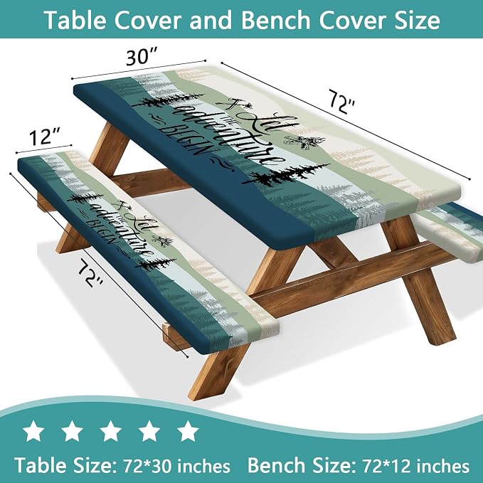 Picnic Table Cover with Bench Covers, Rectangle Tables, Waterproof Elastic Fitted Tablecloths for 6 Foot, Washable Tablecloth for Camping, Outdoor (Green, 30"x72")