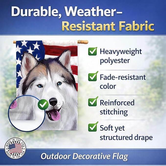 Caroline's Treasures CK6389CHF Alaskan Husky American Flag House Flag Large Porch Sleeve Pole Decorative Outside Yard Banner Artwork Wall Hanging, Polyester, House Size, Multicolor