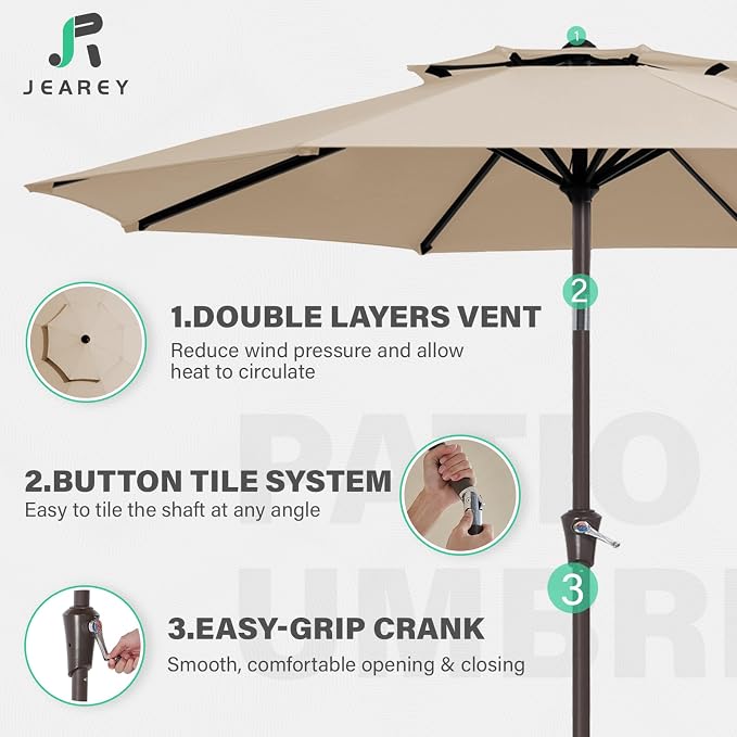 JEAREY 9 ft 2-Tiers Patio Umbrellas Outdoor Table Market Umbrella w/Push Button Tilt/Crank, 8 Sturdy Ribs, UV Protection Waterproof Sunproof(Beige)