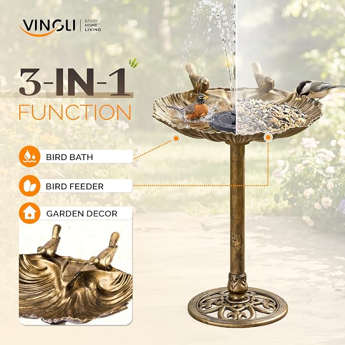 VINGLI Pedestal Bird Bath with Solar Fountain, Solar Pump Resin Birdbaths, Weather Resistant Bird Baths with Ground Stakes, Vintage Finish Garden Decor for Outdoor, Patio, Yard, Lawn (Copper Shell)