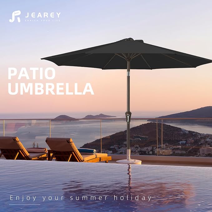JEAREY 10FT Outdoor Patio Umbrella Outdoor Table Umbrella with Push Button Tilt and Crank, Market Umbrella 8 Sturdy Ribs UV Protection Waterproof for Pool, Garden (Black)