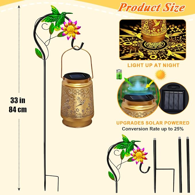 2 Packs Solar Lanterns Outdoor Waterproof with Shepherd Hook,Hummingbird Hanging Solar Lights Garden Decor,Christmas Decorations Birthday Gifts for Women Mom,Metal Bird Decorative for Yard,Patio,Lawn