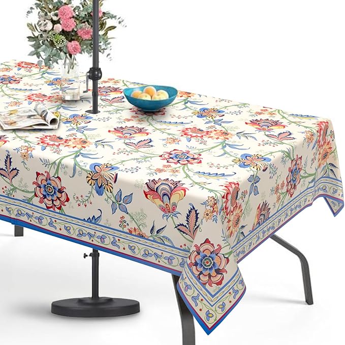 Vintage Flowers Outdoor Tablecloth with Umbrella Hole 60" x 84" Waterproof Zipper Table Cloth for Garden - Ideal Patio Table Cover for Picnics, Camping, and Yard Use