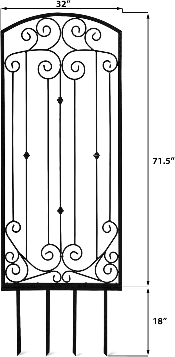 H Potter Scroll Garden Trellis 72" H, Freestanding Heavy Duty Iron, Black | Ground spikes included. Durable powder-coated finish. Supports climbing roses, clematis, ivy and vines.