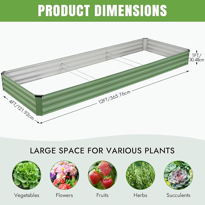 INNO STAGE Galvanized Raised Garden Bed Kits, 12x4x1ft Metal Raised Garden Beds Outdoor, Large Steel Raised Planter Bed with Gloves for Vegetables & Flowers Patio Ground Planter Box(Olive Green, 1PC)
