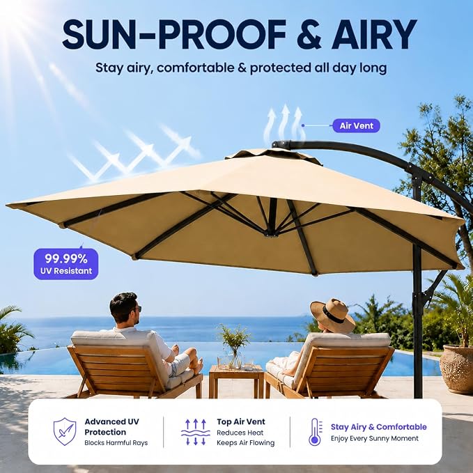 10FT Patio Umbrella with Base, Outdoor Umbrella Pool Umbrella Cantilever Umbrells - UV Protection, Easy Tilt & 360° Rotation for Poolside, Backyard & Garden