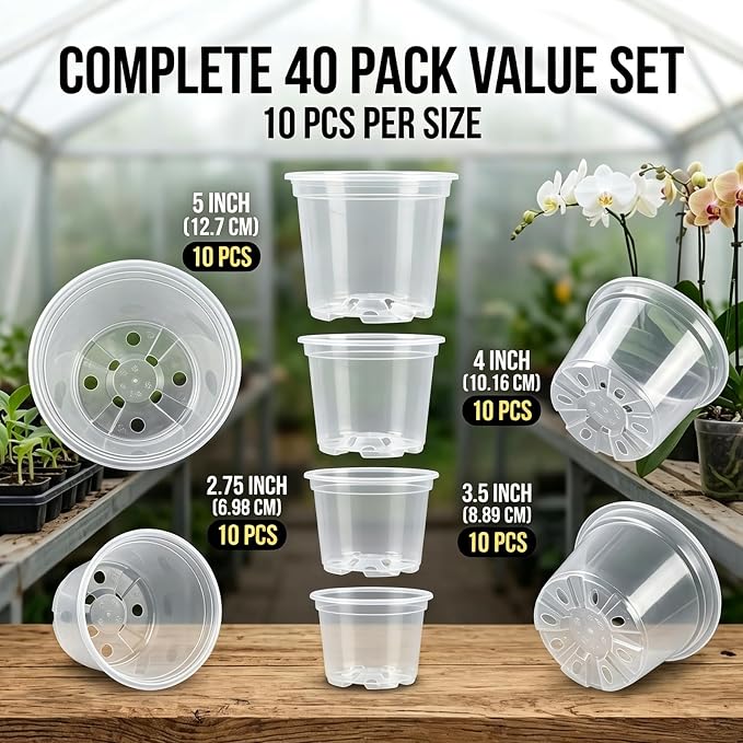 40 Pcs Clear Nursery Pots , 2.5/3.5/4/5 In clear nursery pots with drainage | Succulents,Plastic Nursery Pots with Drainage Holes (10 of Each Size),Garden Pot for Outdoor Indoor