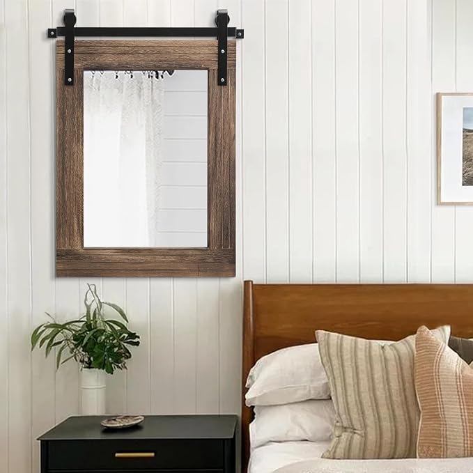 AAZZKANG Rustic Wood Mirror Rectangle Decorative Wall Mirror Large 26"x18" with Frame Bedroom Living Room Bathroom Hanging Mirror