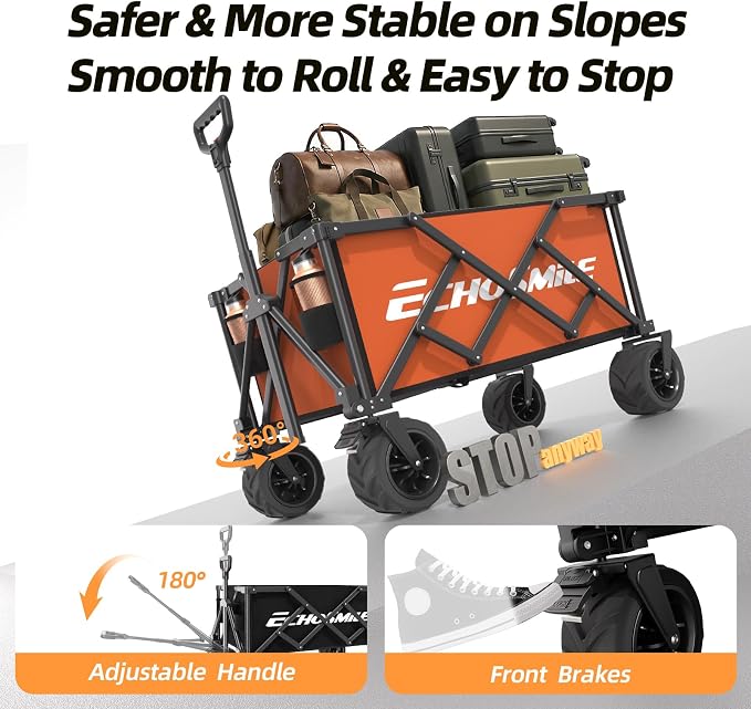 EchoSmile Collapsible Folding Wagon Cart with Compact Storage - 400Lbs Capacity All Terrain Utility Cart for Camping, Beach, Grocery, Garden,Orange
