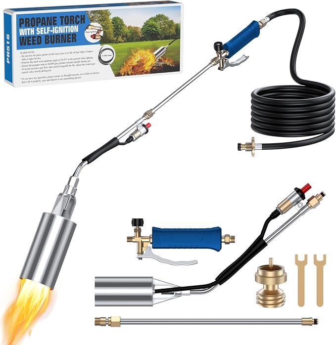 Propane Weed Torch Burner with 11.5FT Hose, Self-Igniting Heavy Duty Flame Weeder with Turbo Trigger, Adjustable Outdoor Torch for Driveway, Garden, Yard, Ice and Snow (Blue)