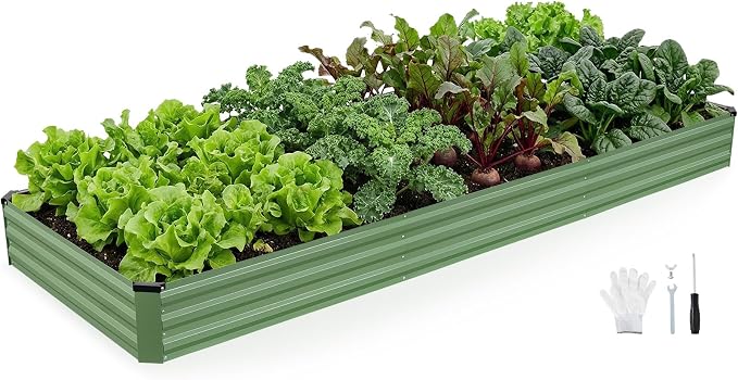 INNO STAGE Galvanized Raised Garden Bed Kits, 12x4x1ft Metal Raised Garden Beds Outdoor, Large Steel Raised Planter Bed with Gloves for Vegetables & Flowers Patio Ground Planter Box(Olive Green, 1PC)