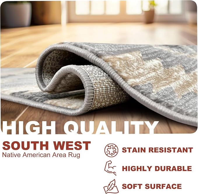 YHSF South West Native Tribal American Rug Ritz - Light Grey, 2 ft x 3 ft | Native American Indian Inspired Rug - Living Room, Bedroom, Hallway, Entryway & High-Traffic Area Rugs - Washable - Soft