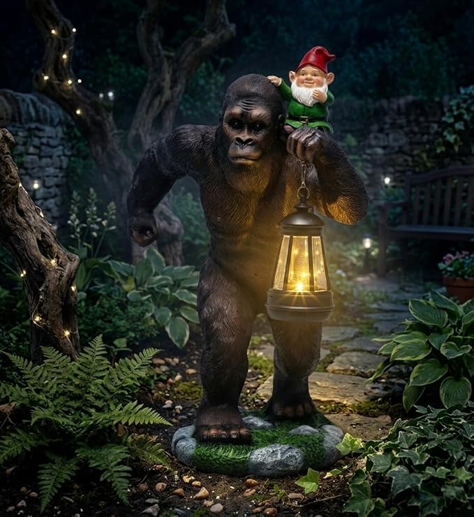 Solar Bigfoot Garden Statue with Gnome & Lantern, 16 Inch Sasquatch Decor | Large resin outdoor statue for patios and yard. Funny Bigfoot gift for husbands, dads, grandpas and Sasquatch fans.
