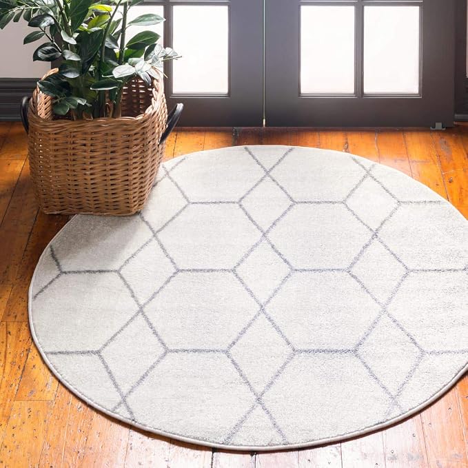 Unique Loom Trellis Frieze Collection Area Rug - Geometric (4' 1" Round, Ivory/ Gray)