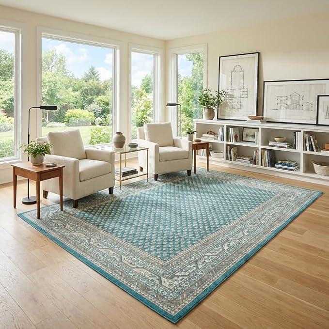 Unique Loom Williamsburg Collection Traditional Border with Dotted Center Area Rug, Rectangular 7' 1" x 10' 0", Teal/Beige