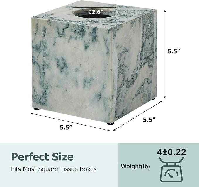 Real Natural Marble Tissue Box Cover, 5.5 Inch Square Marble Tissue Box Holder with Open Bottom, Heavy Stone Decorative Organizer for Bathroom Vanity, Kitchen Countertop, Luxury Home Décor