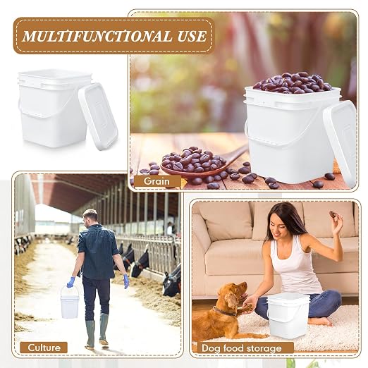 Mumufy 5 Pcs 3.5 Gallon Square Food Grade Bucket with Lid Square Bucket Pail Plastic Handles for Long Term Food Storage, Camping, Fishing, Home Organization Easy Stack and Store (White)