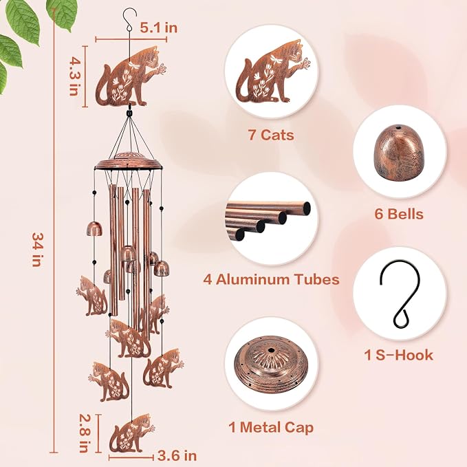 Cat Wind Chimes Outdoor Cat Gifts for Women Men Mom Dad Birthday Unique Gardening Gifts Metal WindChimes for Outside/Indoors, Lawn, Patio, Home, Yard Decor, Garden Decorations