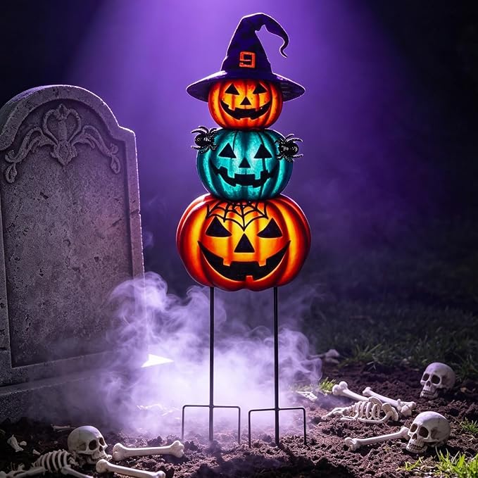 Halloween Yard Stakes Large with Stackable Pumpkins Scary Spiders | 39.3" Metal Halloween Yard Decorations for Garden, Lawn, Patio, Outdoor Decor with Witch Hat