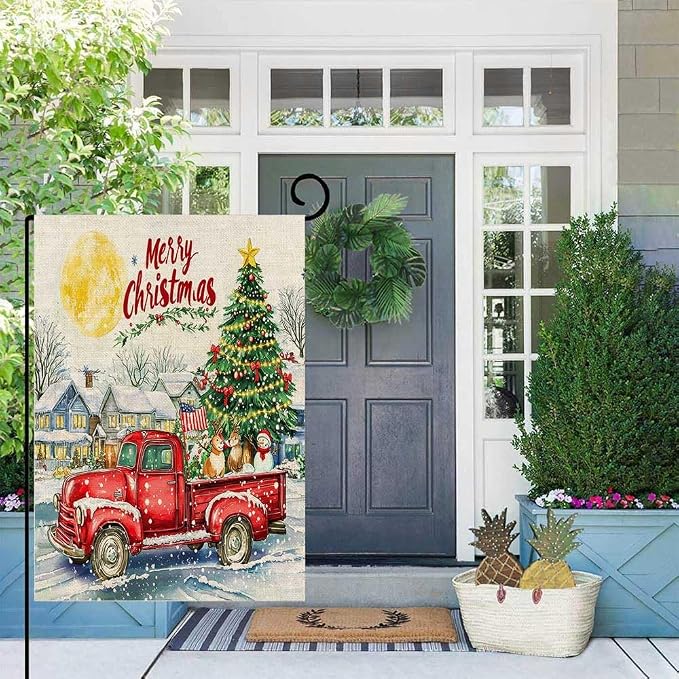 EMMTEEY Truck Garden Flag Red Truck with Christmas Tree House Burlap Garden Flags 12.5X18 Small Christmas Flag Double Sided Winter Garden Flags for Outside Outdoor Garden Flags for Winter Decoration