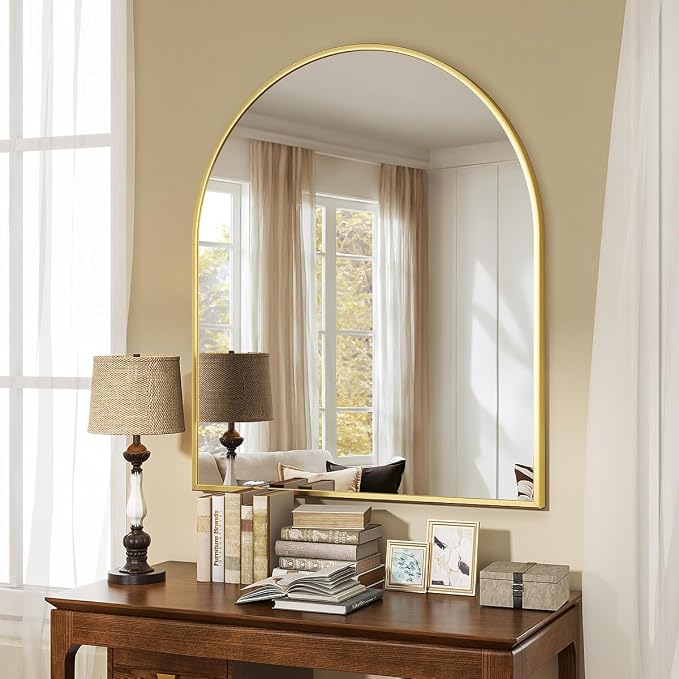 Arched Wall Mirror, 26 x 28 inch Arch Bathroom Mirror, Wall Mounted Vanity Mirror with Arch Metal Frame, Modern Bathroom Vanity Mirror for Bedroom, Living Room, Hanging or Leaning, Gold