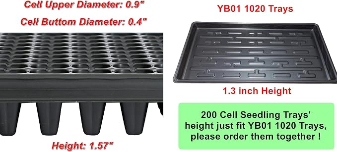 RooTrimmer 10 Pack 200 Cell Seed Starter Trays- Thick Durable Plastic Nursery Flats with Drainage Holes for Seedlings, Propagation, Seed Germination, Fits Shallow 1020 Trays