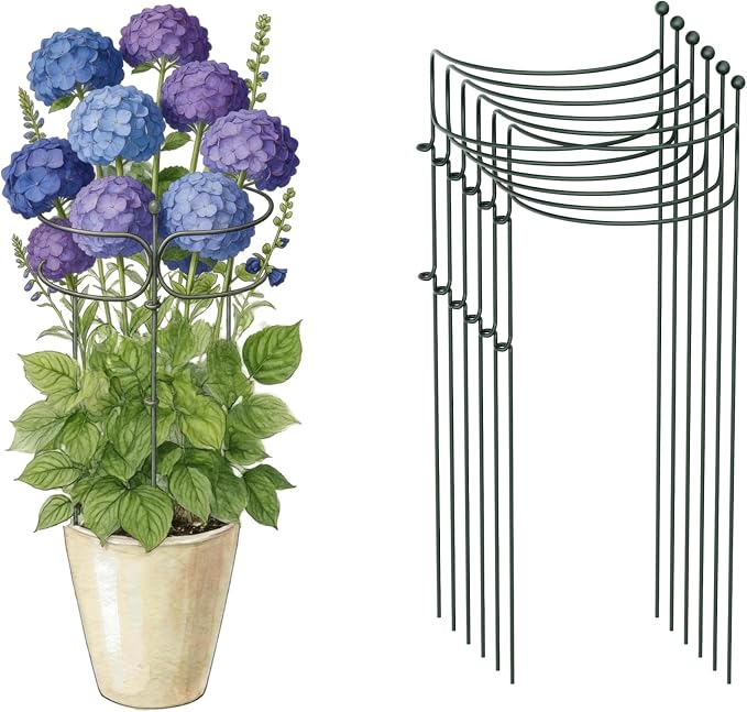 6 Pack Curved Plant Support Stakes, Dual Half Round Metal Garden Plant Stake, Peony Cages and Supports, 10"(W) x 34" (H) Flower Support Ring for Peonies, Hydrangea