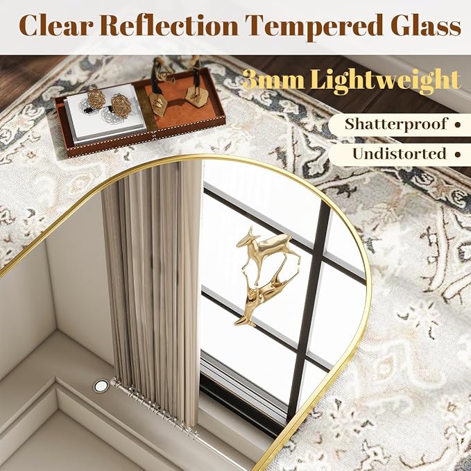 Wide Arched Wall Mirror, 31 x 32 inch Arch Bathroom Mirror Gold | Wall Mounted Bathroom Vanity Mirror with Arch Metal Frame, Modern Room Decor for Bedroom, Entryway, Hanging or Leaning