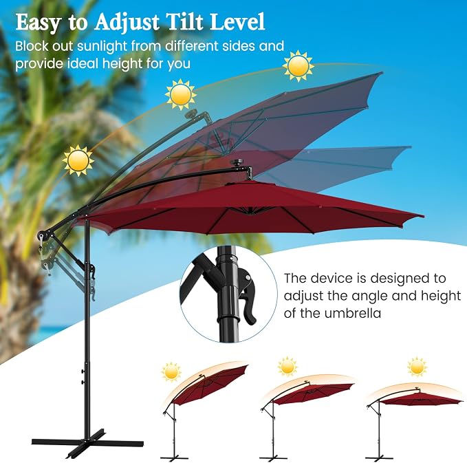 HAPPYGRILL 10FT Cantilever Patio Umbrella with Solar Lights, Outdoor Hanging Offset Umbrella with 112 LED Lights, Tilt Design, Crank Handle, Cross Base Stand for Garden Yard Deck