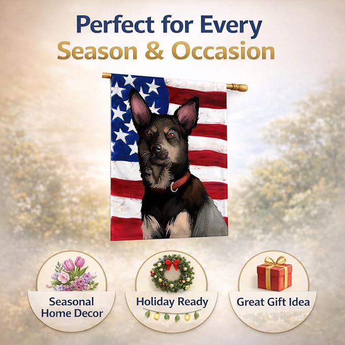 Caroline's Treasures CK6411CHF Australian Kelpie American Flag House Flag Large Porch Sleeve Pole Decorative Outside Yard Banner Artwork Wall Hanging, Polyester, House Size, Multicolor
