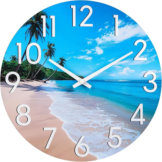 JoFomp Beach Outdoor Clocks for Patio, Large Outdoor Clocks Waterproof 10 Inch with Glass, Outdoor Wall Clocks Battery Operated, Pool Clock Outdoor Weatherproof, Outside Clock for Backyard/Garden