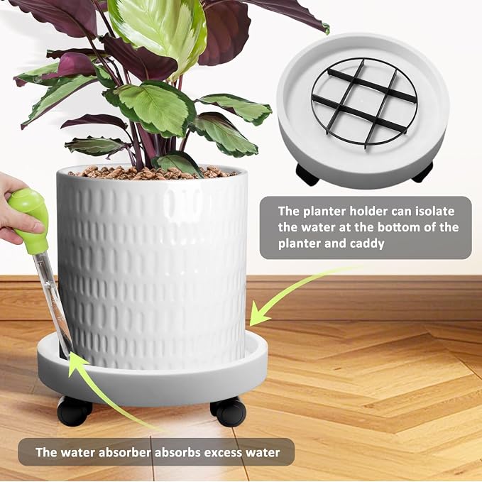 2Pack 12.4'' Plant Caddy with Wheels, Plant Stand Dolly for Heavy Planter,Wheeled Planter Saucer Tray,Rolling plant stand,Heavy-Duty Plant Caddy with Casters for Indoor and Outdoor(White)