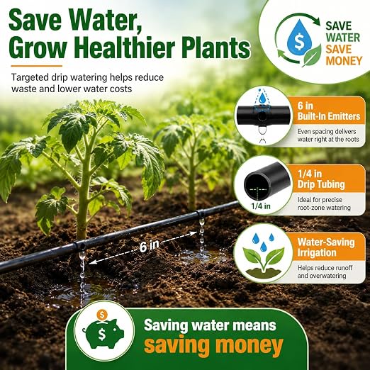 1/4 Drip Irrigation Tubing 100FT, Dripline Tubing with 6 Inch Emitter Spacing, Built-in 0.5 GPH Drippers, 1/4 Irrigation Tubing Drip Line with Fittings and End Plugs for Raised Beds, Garden Rows