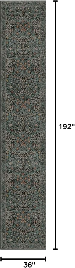 Dark Green Washable 3x16 Extra Long Runner Rug for Hallway Non Slip, Large Kitchen Indoor Floor Rugs for Entryway Hall Way, Soft Stain Resistant Low Pile Vintage Floral Carpet