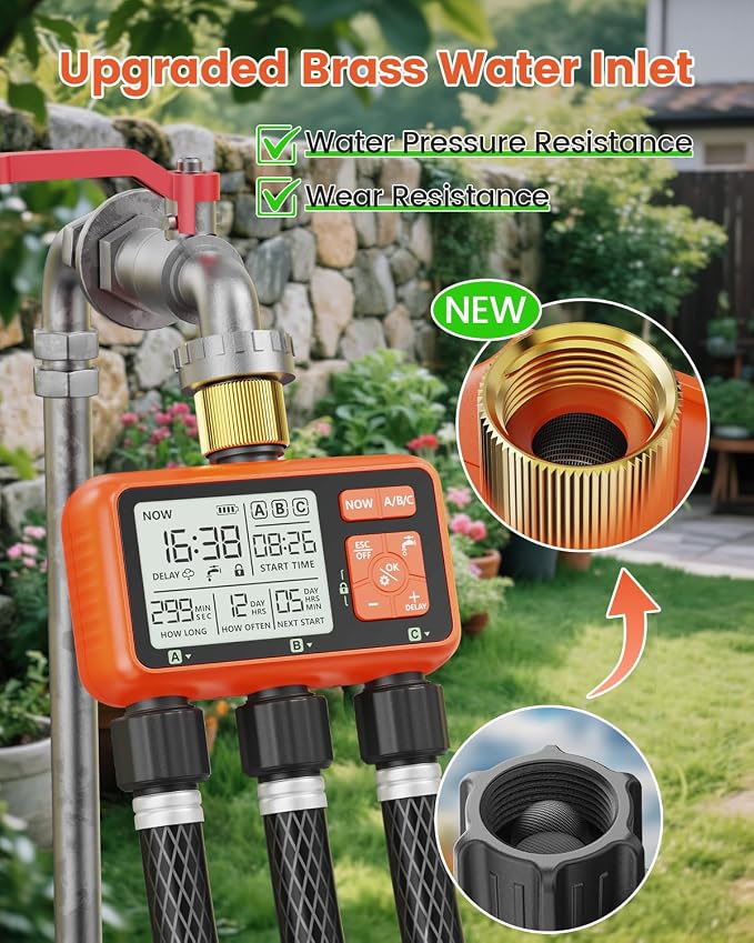 Sprinkler Timer 3 Zone with Brass Inlet Water Timer for Garden Hose Programmable Hose Faucet Controller with Independent Zone Control Custom Rain Delay Manual&Auto Watering Child Lock for Yard Lawn