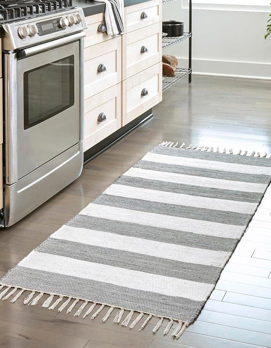 Unique Loom Chindi Rag Collection Area Rug - Striped (2' x 5' 1" Runner, Gray/ Ivory)
