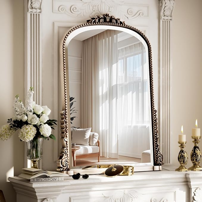 24"×32" Silver Arched Wall Mirror with Vintage Carving | Bathroom Vanity Makeup Mirror, as Wall Decor Hanging Leaning for Fireplace Mantle, Living Room, Bedroom, Vanity Area
