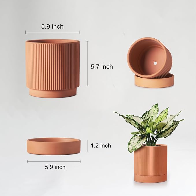 HERDUK Modern Terracotta Pots, 6 Inch Ribbed Textured Clay Planter Pots with Drainage Hole & Saucer, Garden Pots for Indoor/Ourdoor Plants, Succulent Cactus & Herb