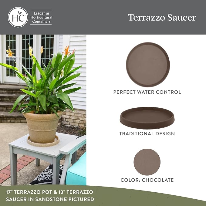 The HC Companies 15 Inch Terrazzo Round Plant Saucer, Lightweight UV-Resistant Plastic Outdoor & Indoor Flower Pot Tray, 1-Pack Plant Pot Trays for Garden & Home Decor, Chocolate