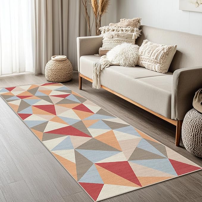 2x6 Colorful Triangle Geometric Runner Rug for Kitchen Entryway Hallway Abstract Modern Area Rug Machine Washable Non-Slip Carpet for Bedroom Bathroom Bedside Entrance