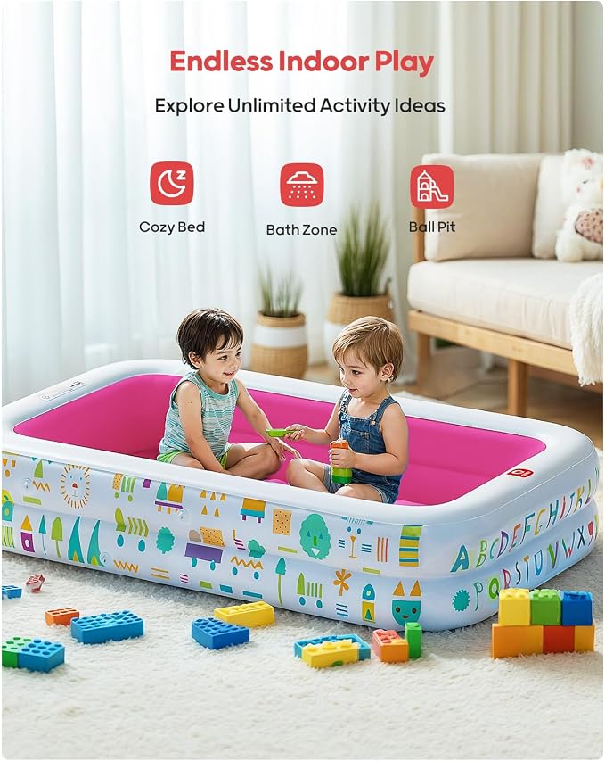 QPAU Baby Pool with Canopy, Inflatable Design, 65 x 39 in, Pink | Inflatable Design with Soft Cushioned Floor, Converts to a Ball Pit for Kids and Toddlers, for Indoor and Backyard Play
