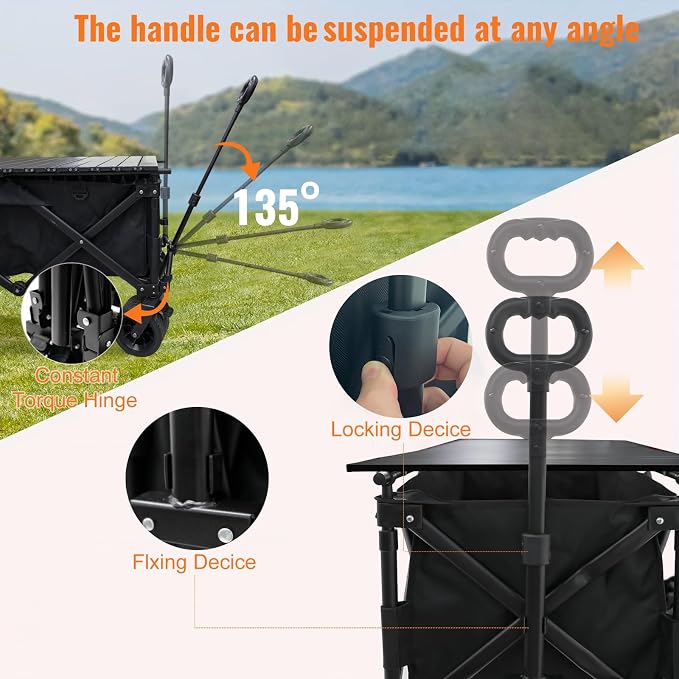 Heavy Duty Collapsible Folding Wagon with Table, 440LBS Capacity Utility Wagon Cart with All-Terrain Wheels, Foldable Beach Camping Wagon for Garden, Sports, Picnics Black