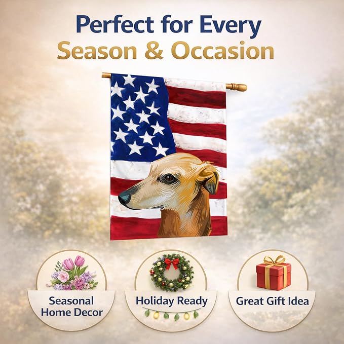 Caroline's Treasures CK6530CHF Galgo Espanol Dog American Flag House Flag Large Porch Sleeve Pole Decorative Outside Yard Banner Artwork Wall Hanging, Polyester, House Size, Multicolor