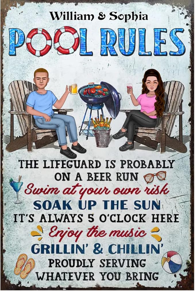 Personalized Classic Metal Sign - Pool Rules - The lifeguard is probably on a beer run - Couple Husband Wife Custom Wall Decor for Home Gate Garden Bars Sign Gift vintage metal signs Wall Decoration