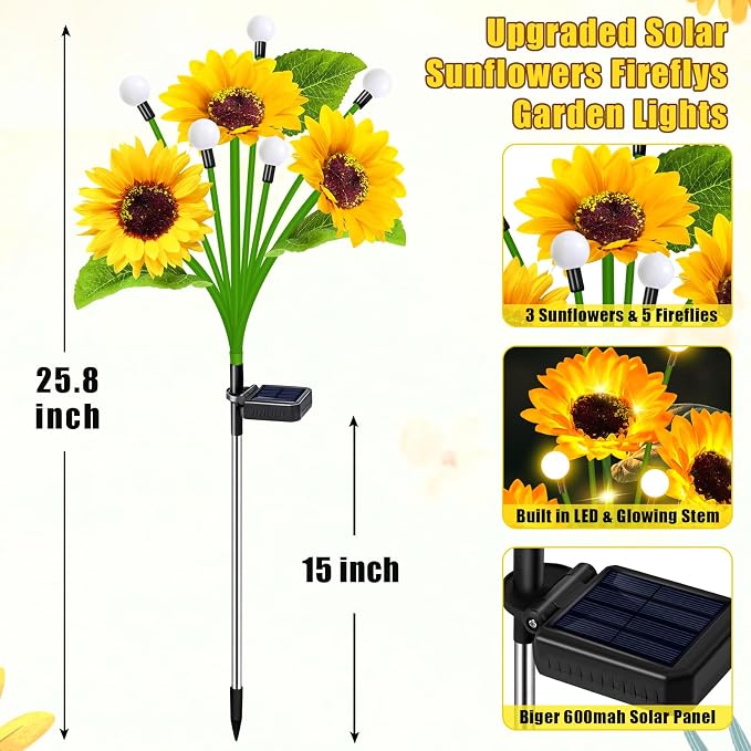 Solar Lights Outdoor Garden Decor,4 Pack Sunflower with Firefly Lights,Solar Flowers Lights Waterproof,Birthday Gifts for Mom Women Grandma,Outside Decorative Garden Stakes for Yard Patio Porch Lawn